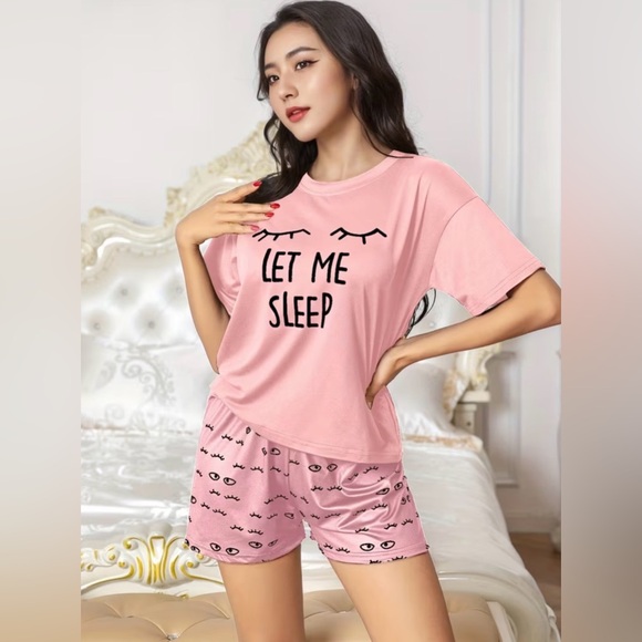 Wdirara Other - Wdirara Pajama Set, Pink Letter Printed Short Sleeves + Eye Printed Shorts XXXL